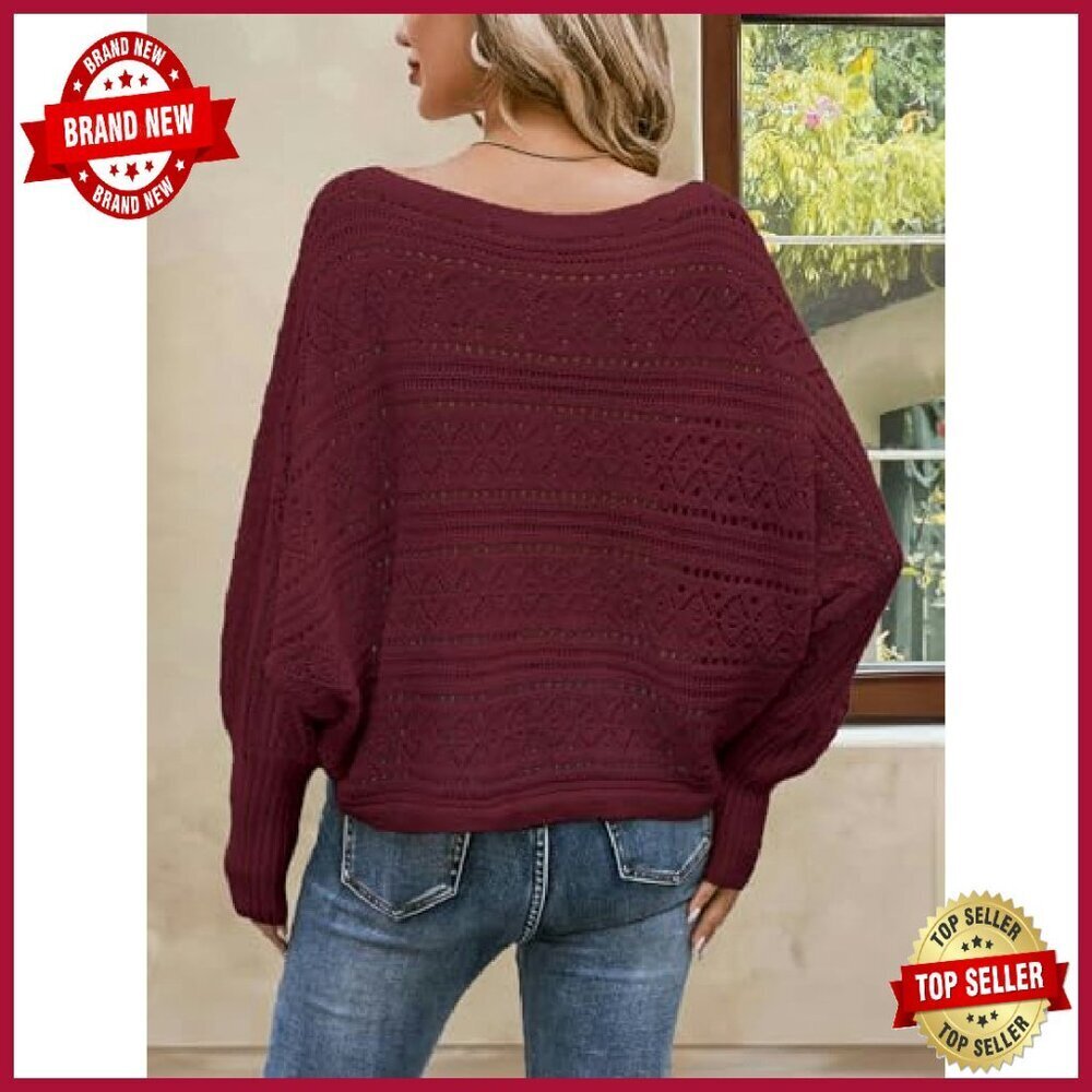 Oversized Crochet Sweater Off Shoulder Dolman Sleeve Lightweight Pullover - Picture 3 of 8